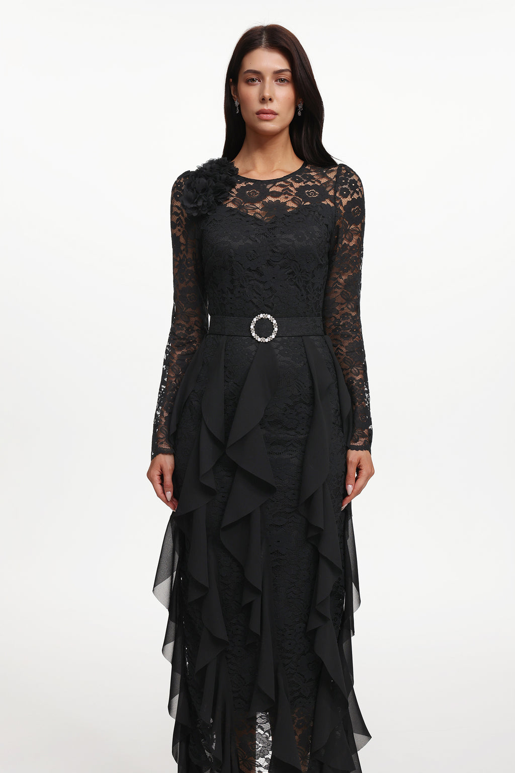 Eyola Elegant Flowy Long Sleeve Lace Ruffle Woven Maxi Dress	