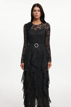 Eyola Elegant Flowy Long Sleeve Lace Ruffle Woven Maxi Dress	