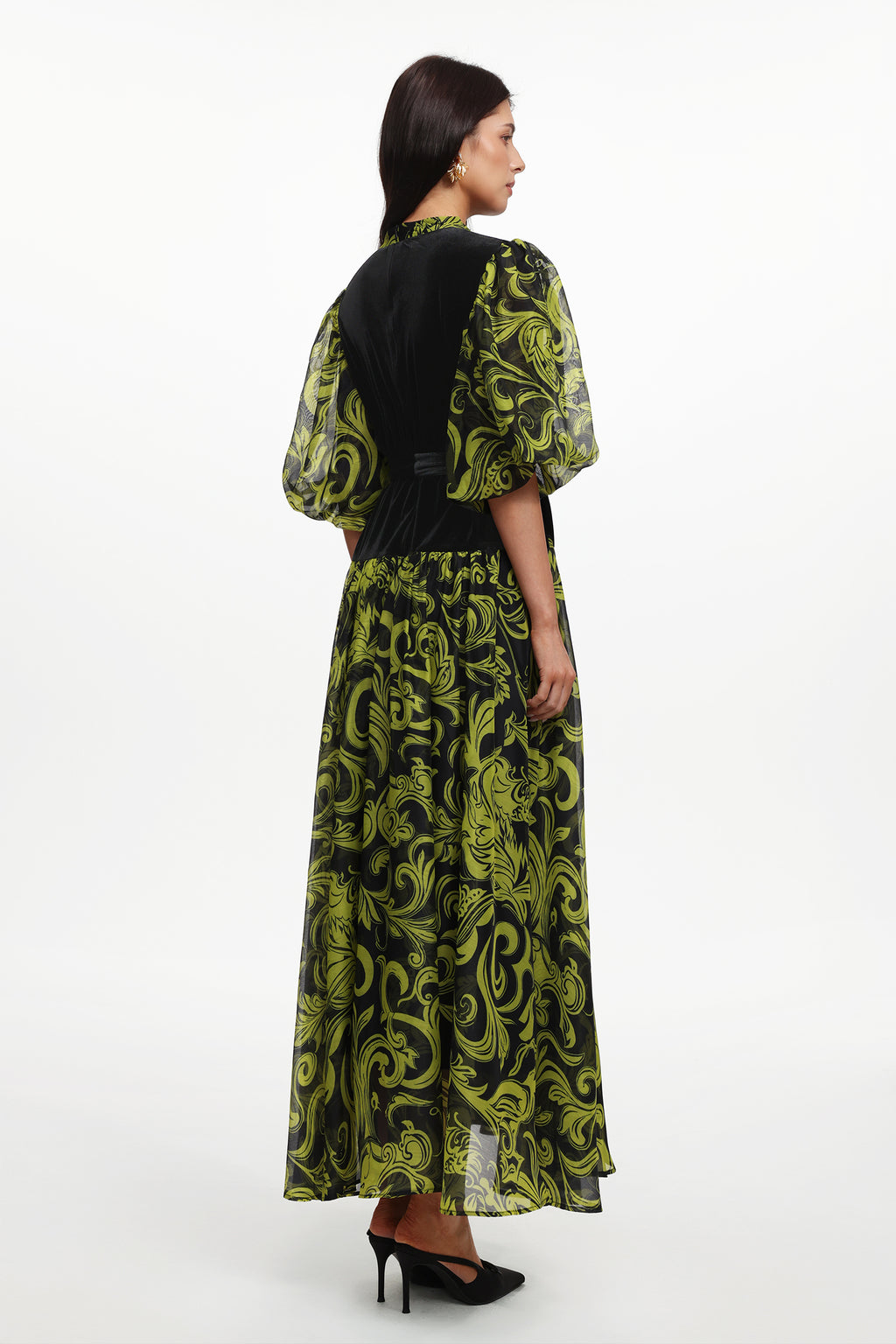 Secyij Resort Flowy Puff Sleeve Printed Woven Maxi Dress	