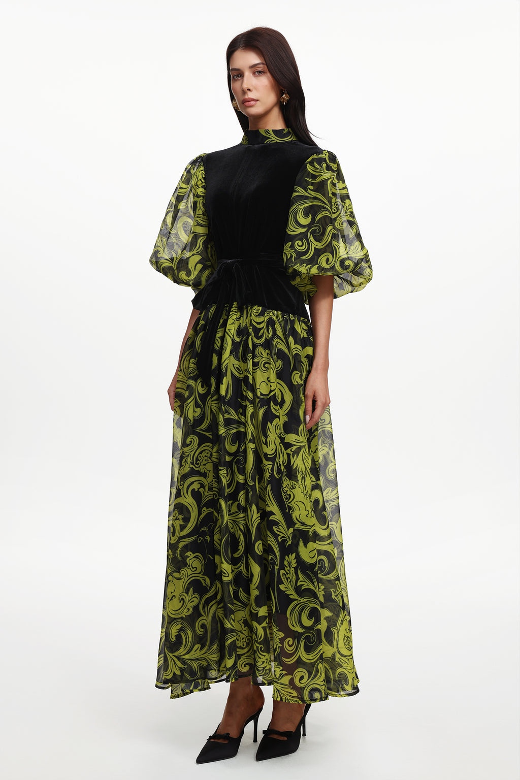 Secyij Resort Flowy Puff Sleeve Printed Woven Maxi Dress	