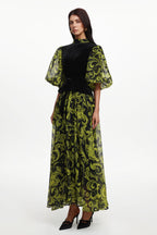 Secyij Resort Flowy Puff Sleeve Printed Woven Maxi Dress	