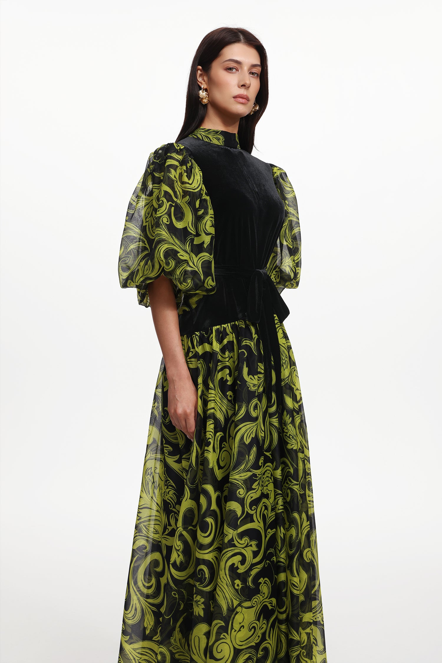 Secyij Resort Flowy Puff Sleeve Printed Woven Maxi Dress	