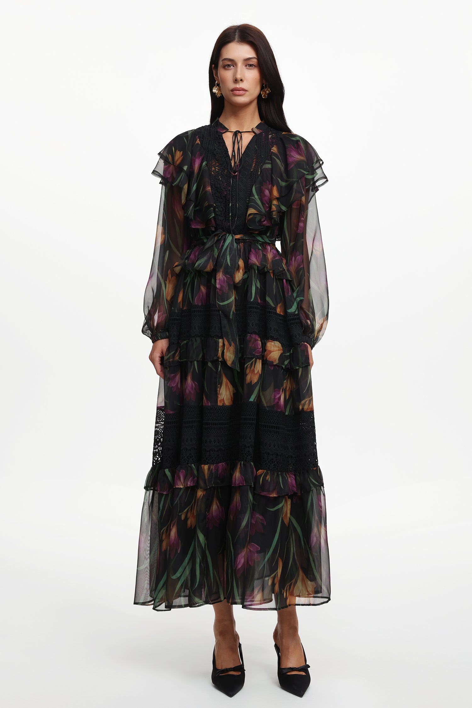 Gilian Resort Flowy Long Sleeve Floral Printed Ruffle Woven Maxi Dress	