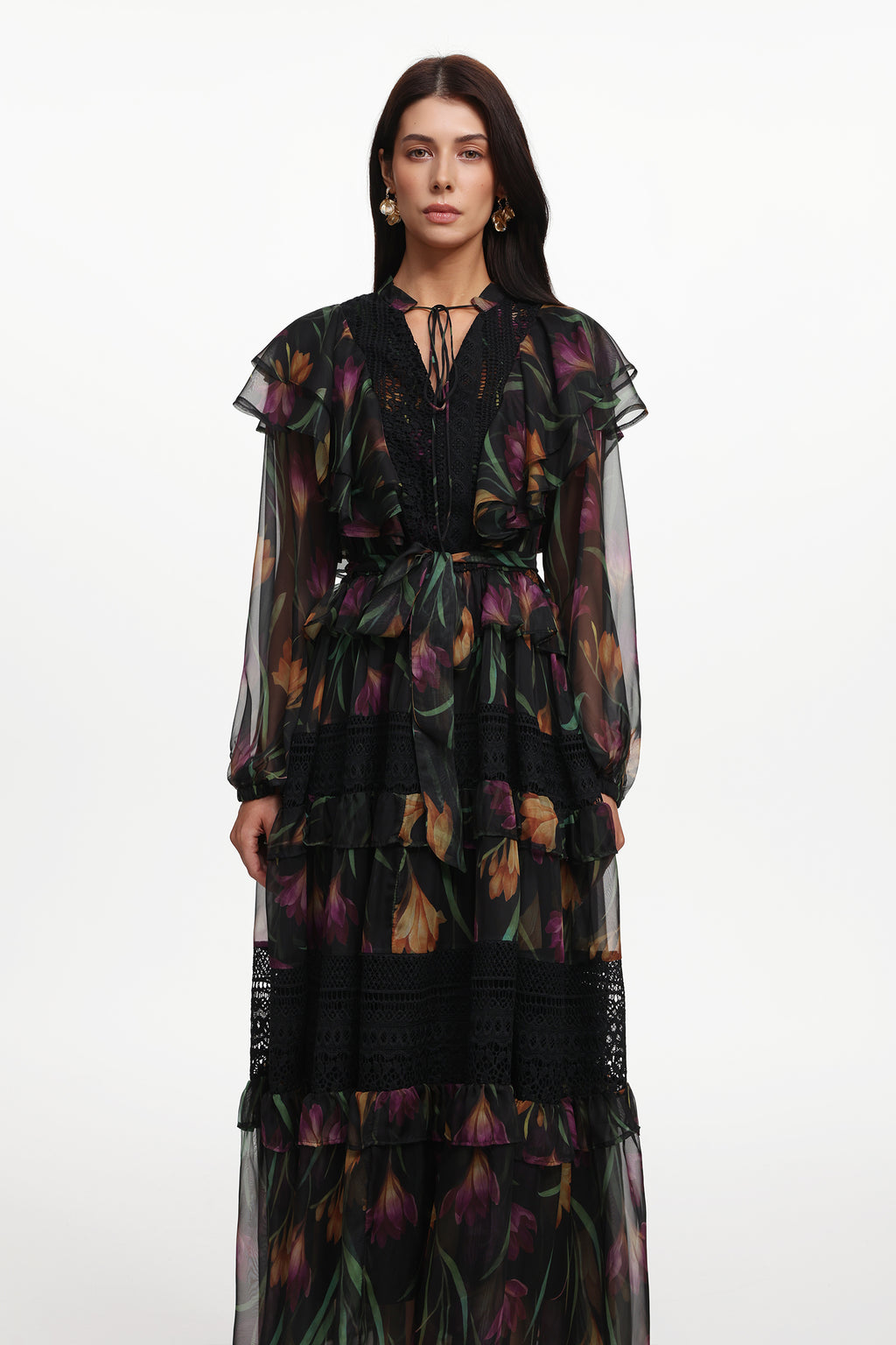 Gilian Resort Flowy Long Sleeve Floral Printed Ruffle Woven Maxi Dress	