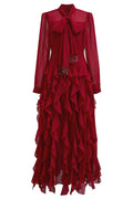 Serena Bow Neck Ruffle Midi Gown-Red