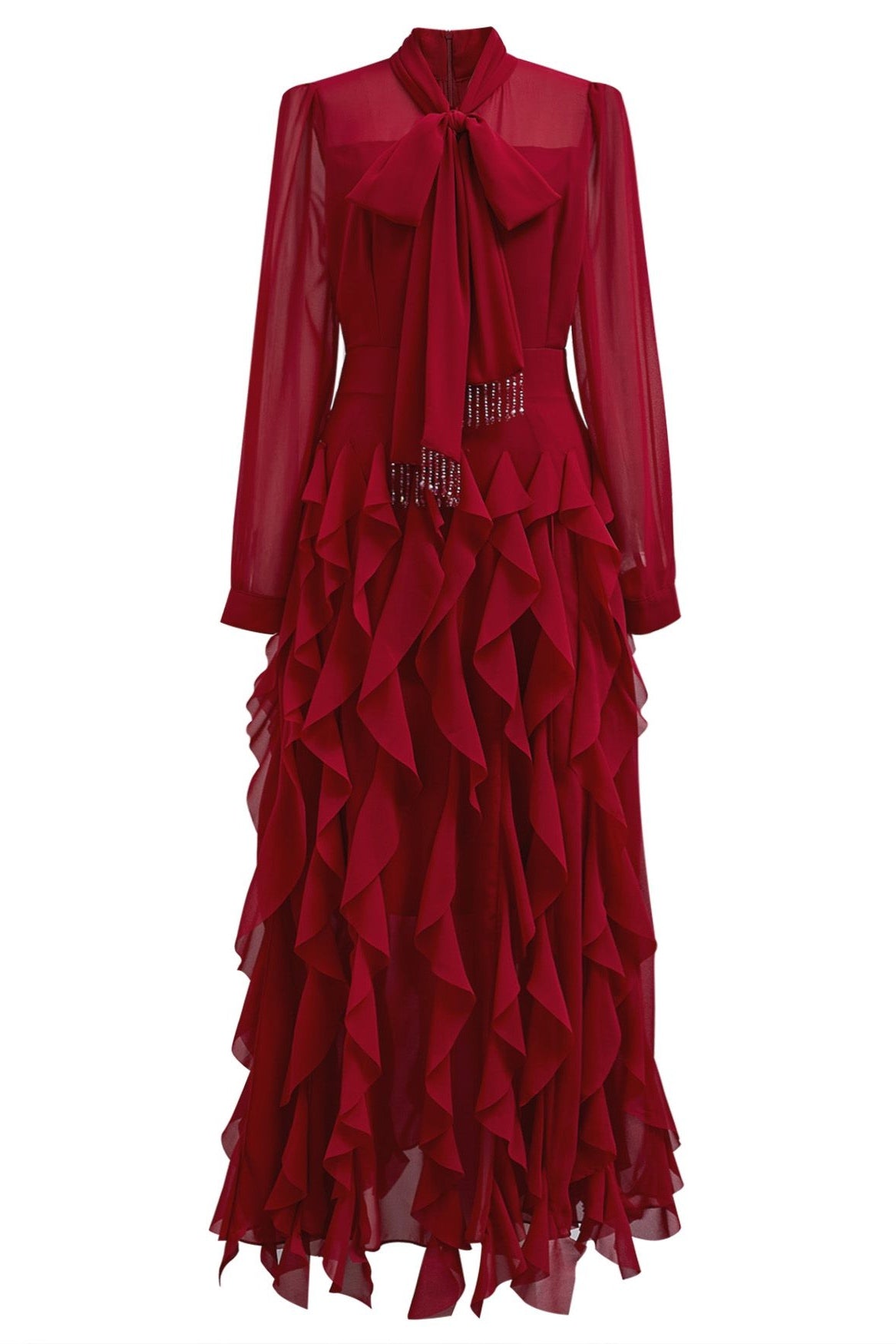 Serena Bow Neck Ruffle Midi Gown-Red