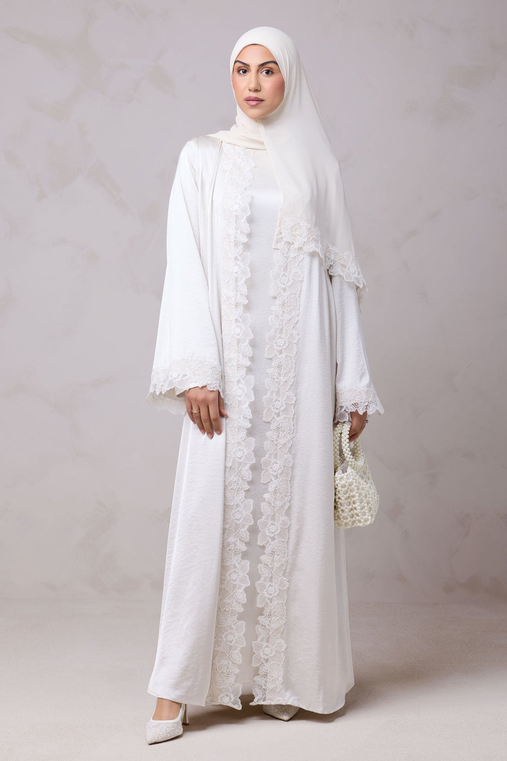 Amani Lace Trim Abaya & Hijab Set-White