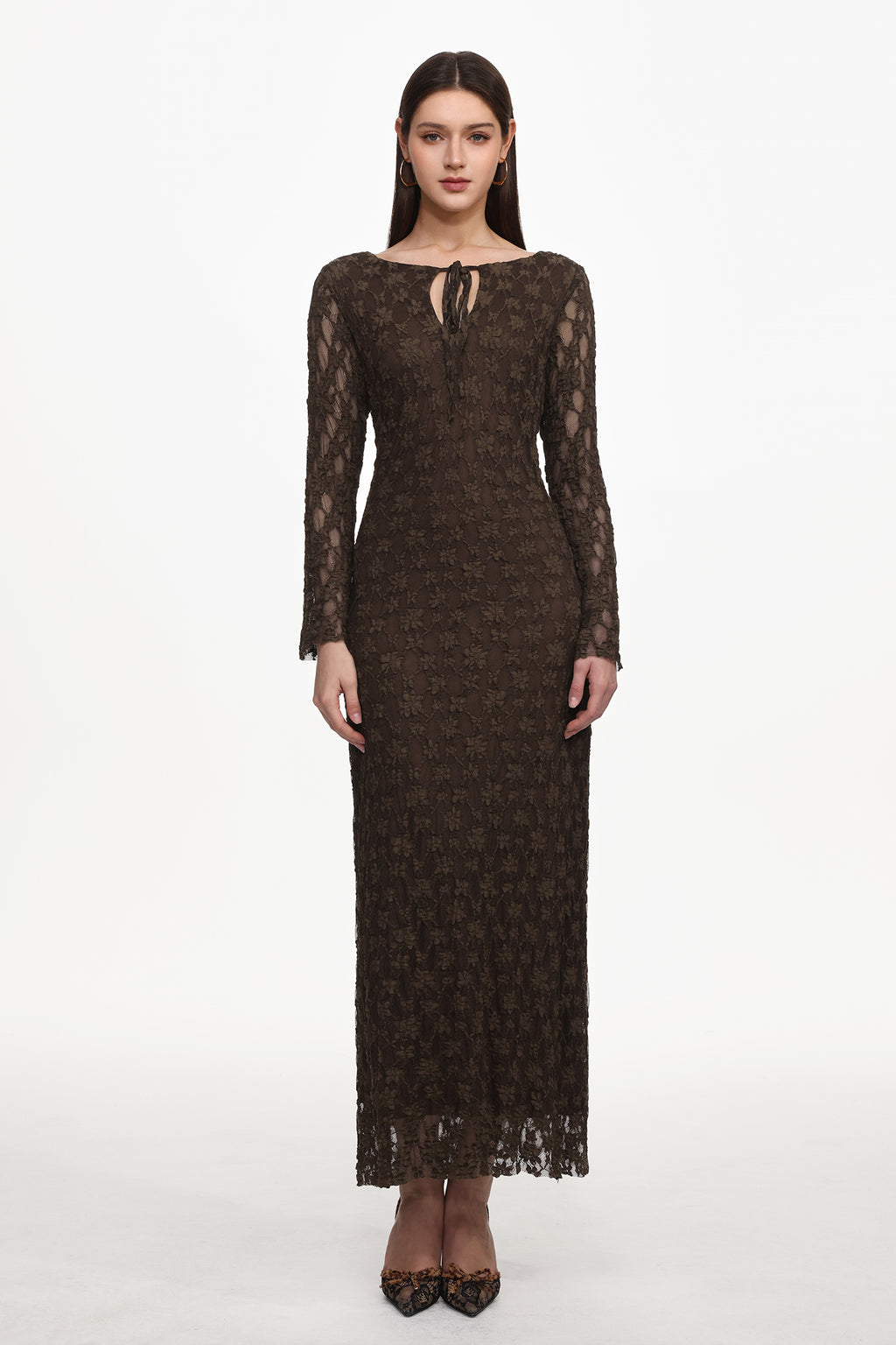 Kyli Elegant Flowy Long Sleeve Lace Knit Maxi Dress	