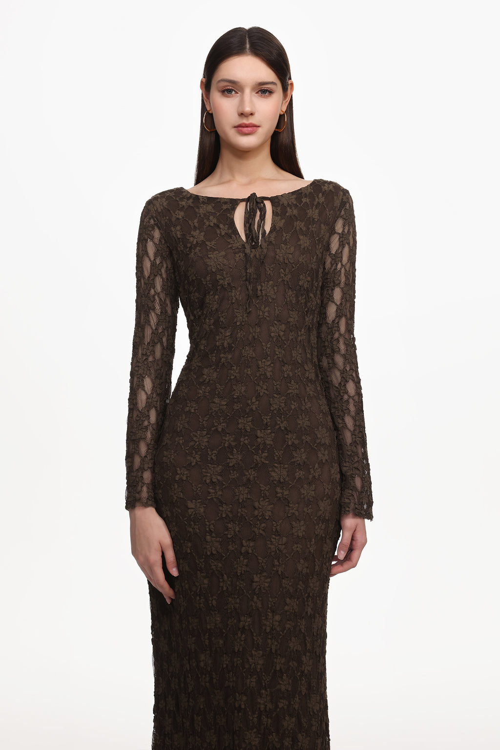 Kyli Elegant Flowy Long Sleeve Lace Knit Maxi Dress	