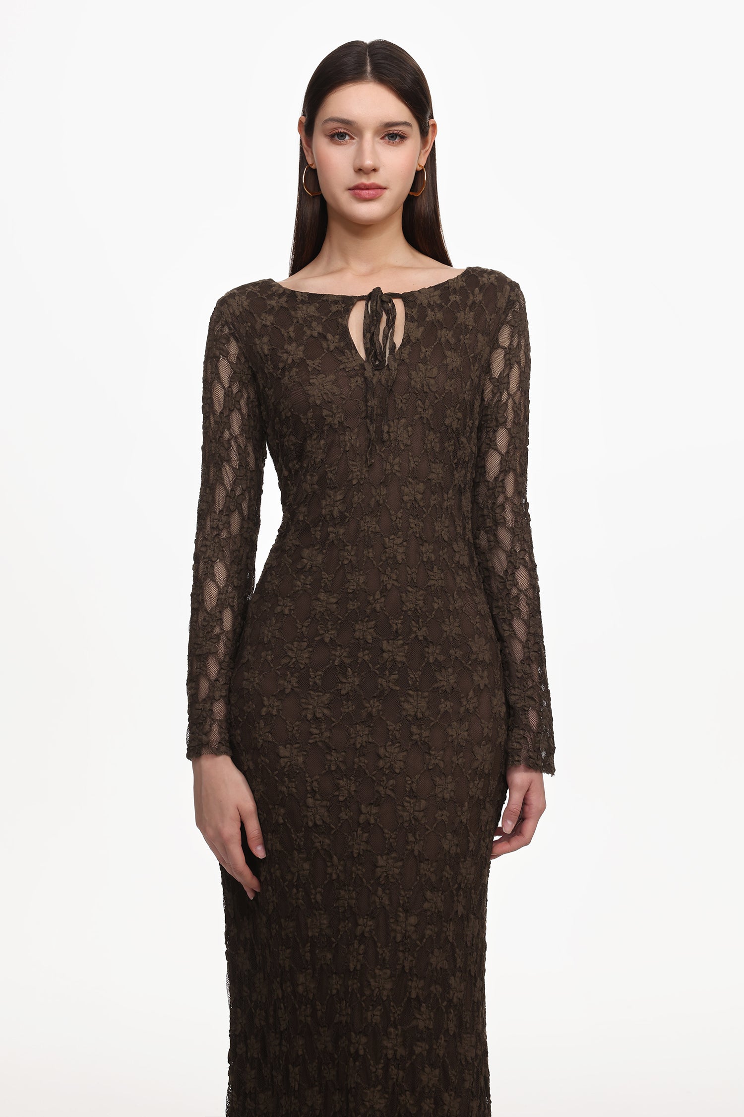 Kyli Elegant Flowy Long Sleeve Lace Knit Maxi Dress	