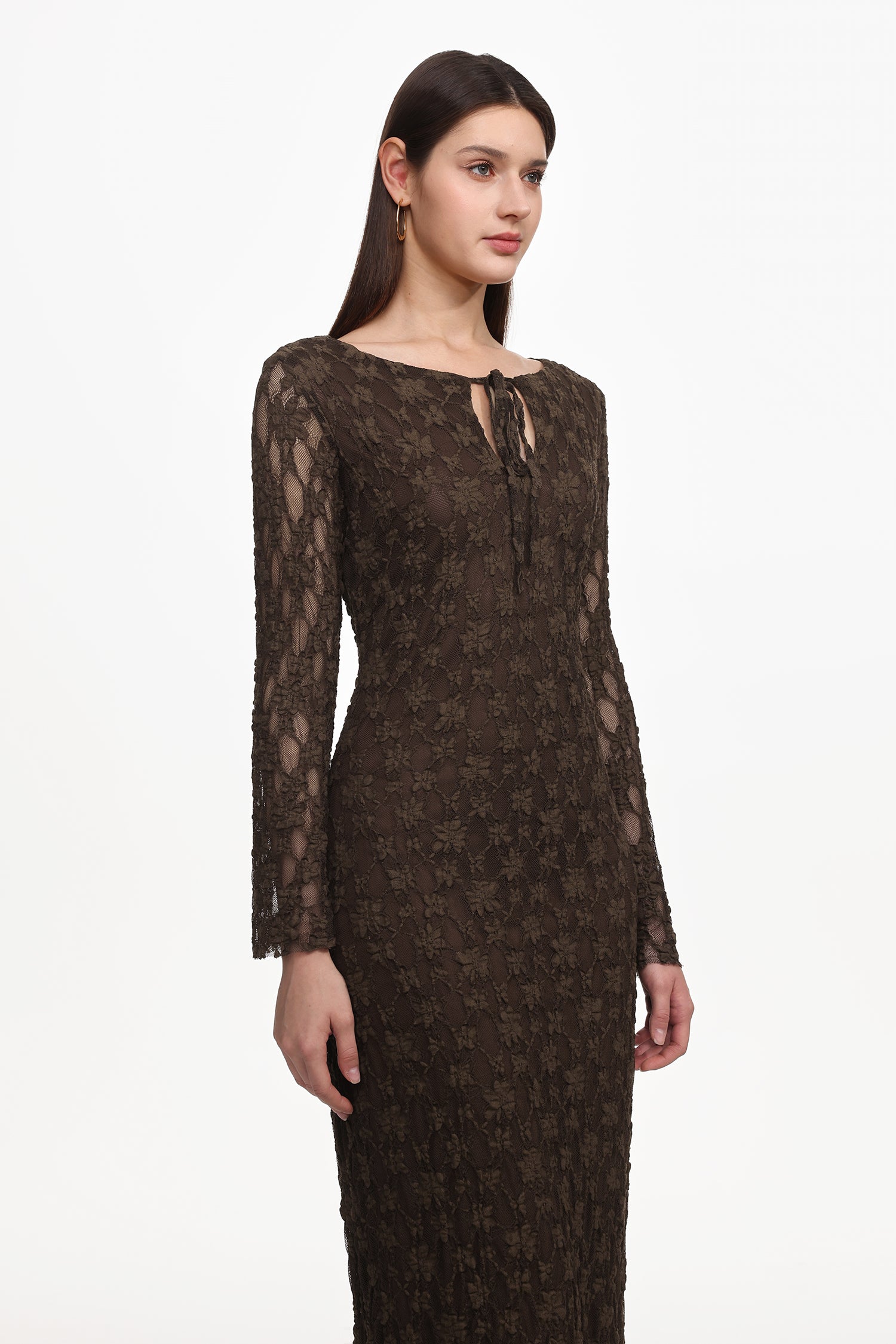Kyli Elegant Flowy Long Sleeve Lace Knit Maxi Dress	
