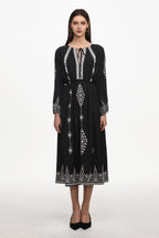Wedasa Resort Flowy Round Neck Long Sleeve Print Woven Maxi Dress	