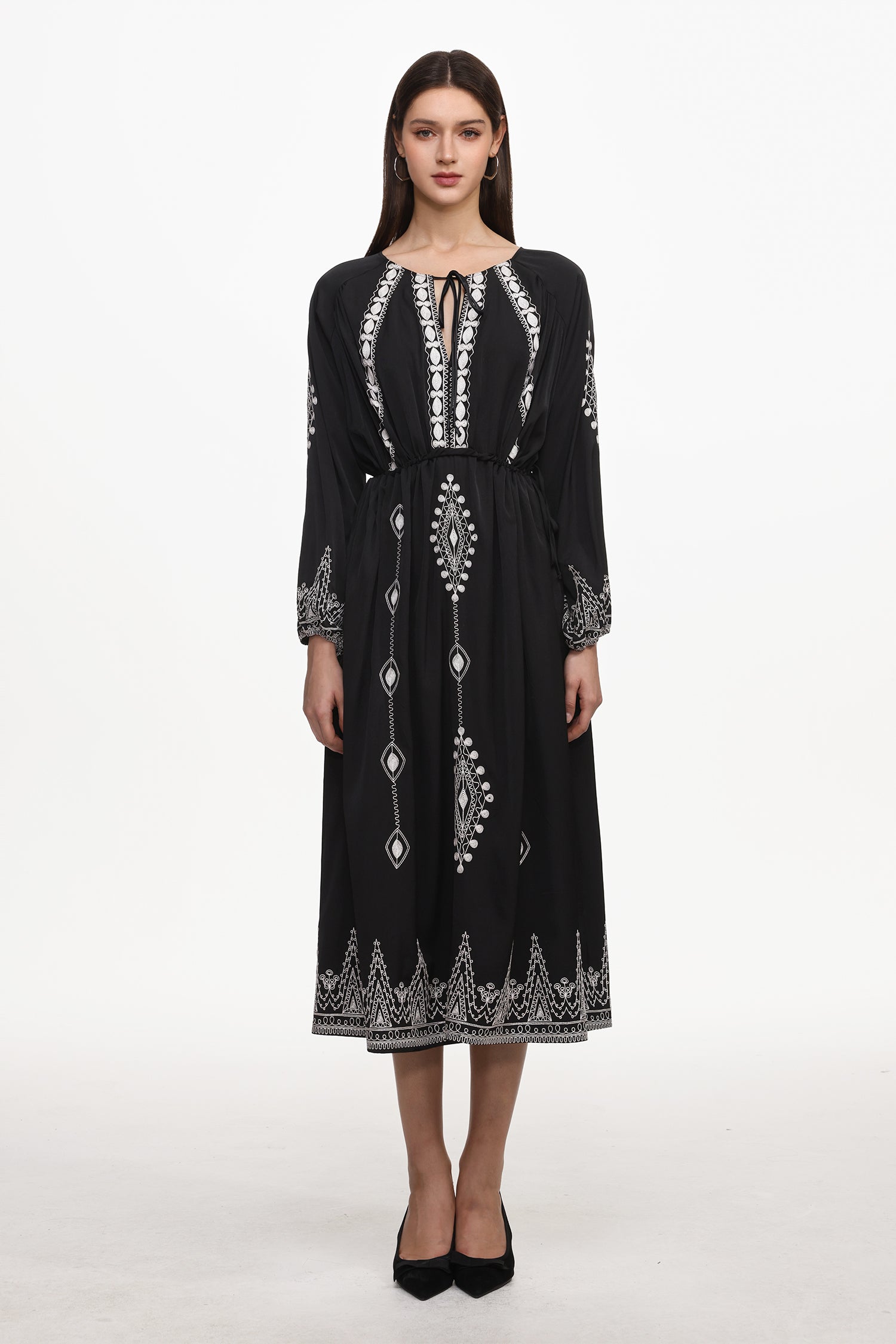 Wedasa Resort Flowy Round Neck Long Sleeve Print Woven Maxi Dress	