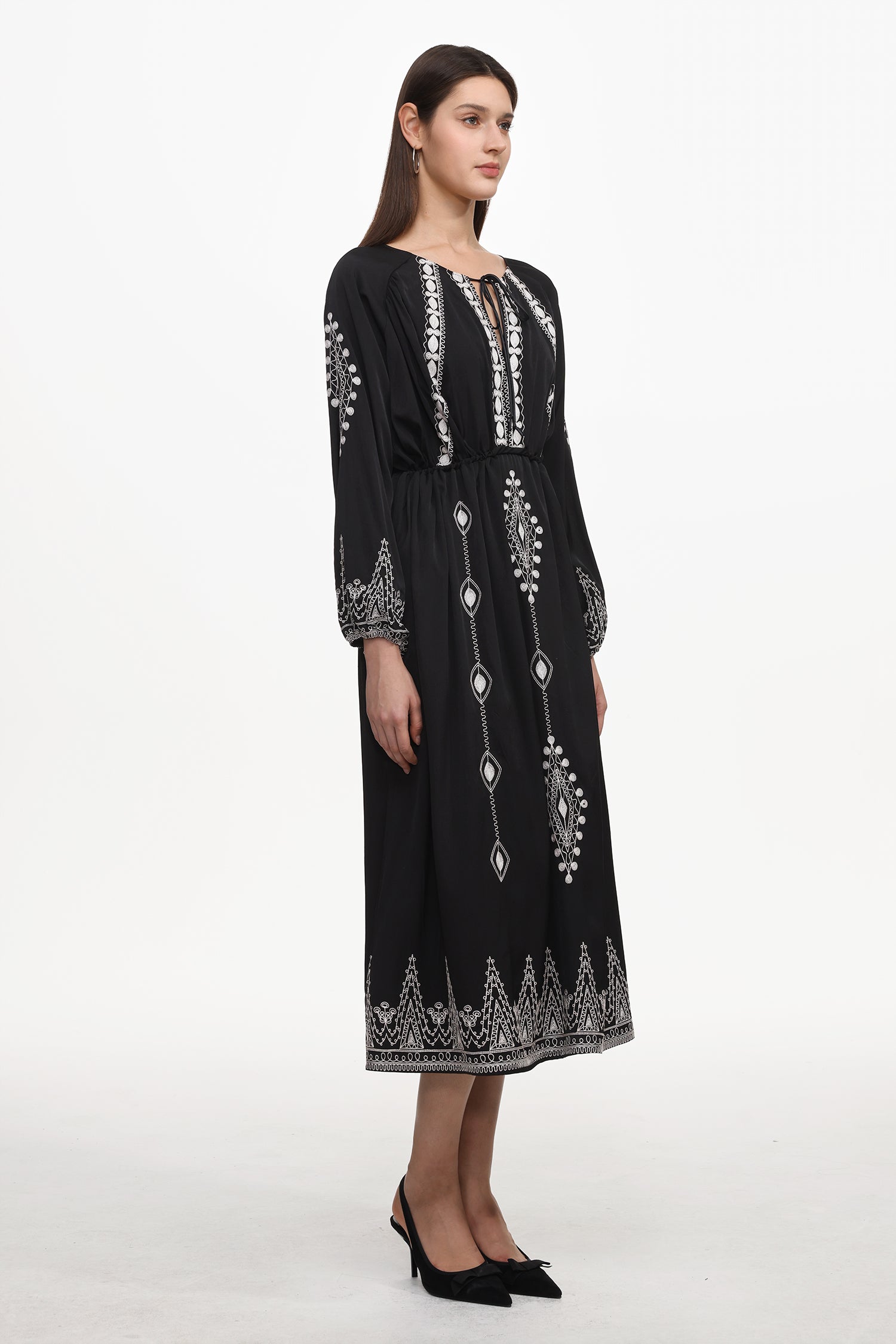 Wedasa Resort Flowy Round Neck Long Sleeve Print Woven Maxi Dress	