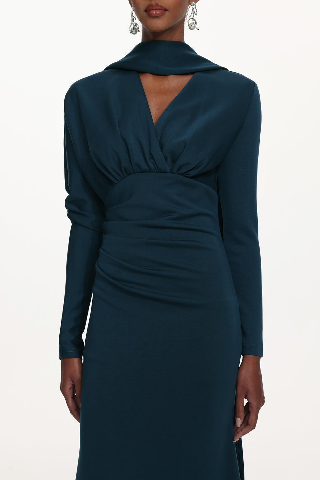 Susa Elegant Contour V Neck Long Sleeve Ruched Knit Maxi Dress	
