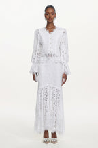 Tris Elegant Flowy Long Sleeve Pearl Buttoned Lace Top and Skirt Set	