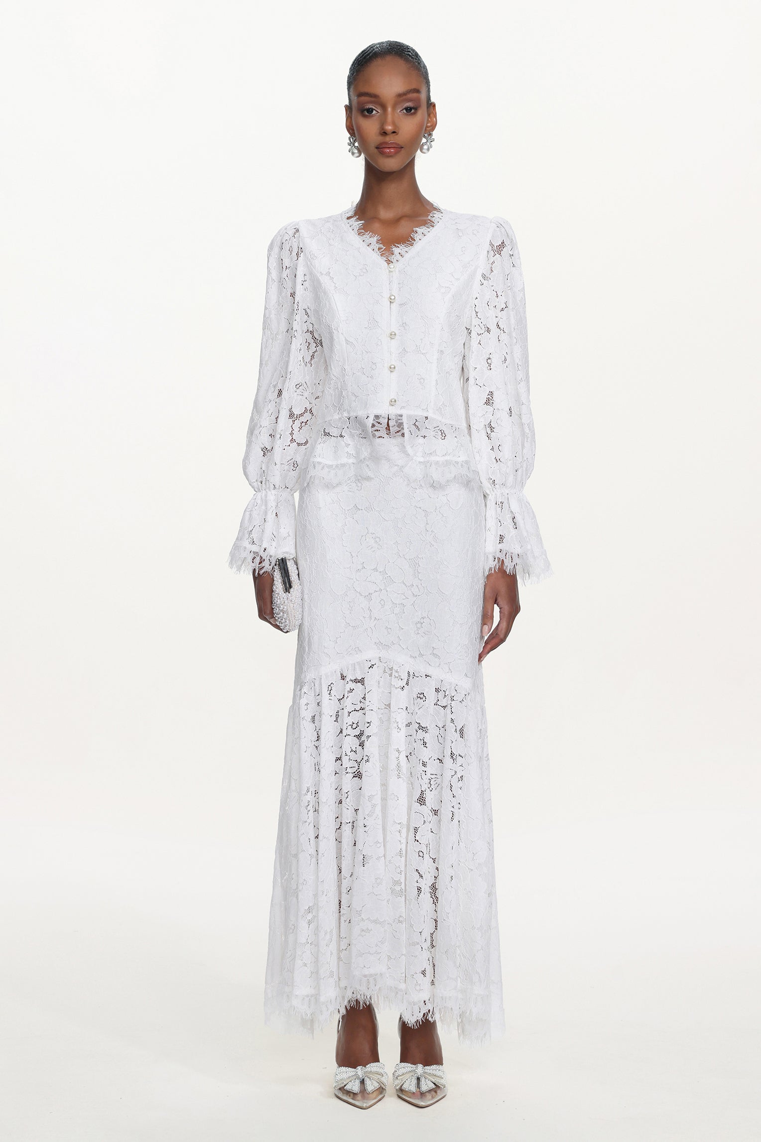 Tris Elegant Flowy Long Sleeve Pearl Buttoned Lace Top and Skirt Set	