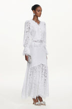 Tris Elegant Flowy Long Sleeve Pearl Buttoned Lace Top and Skirt Set	