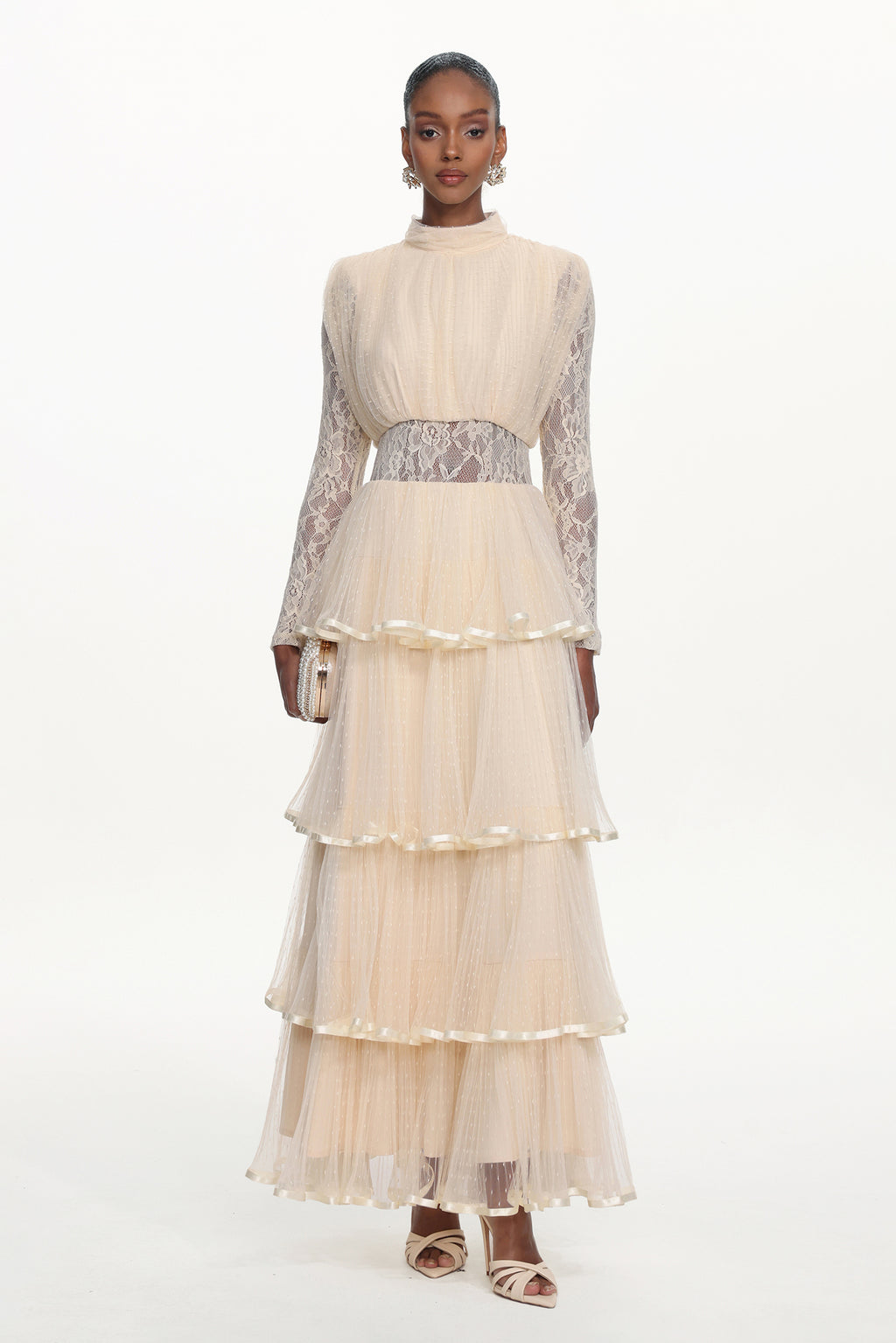 Yannei Romantic Flowy Long Sleeve Lace Tiered Tulle Maxi Dress	