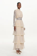 Yannei Romantic Flowy Long Sleeve Lace Tiered Tulle Maxi Dress	