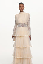 Yannei Romantic Flowy Long Sleeve Lace Tiered Tulle Maxi Dress	