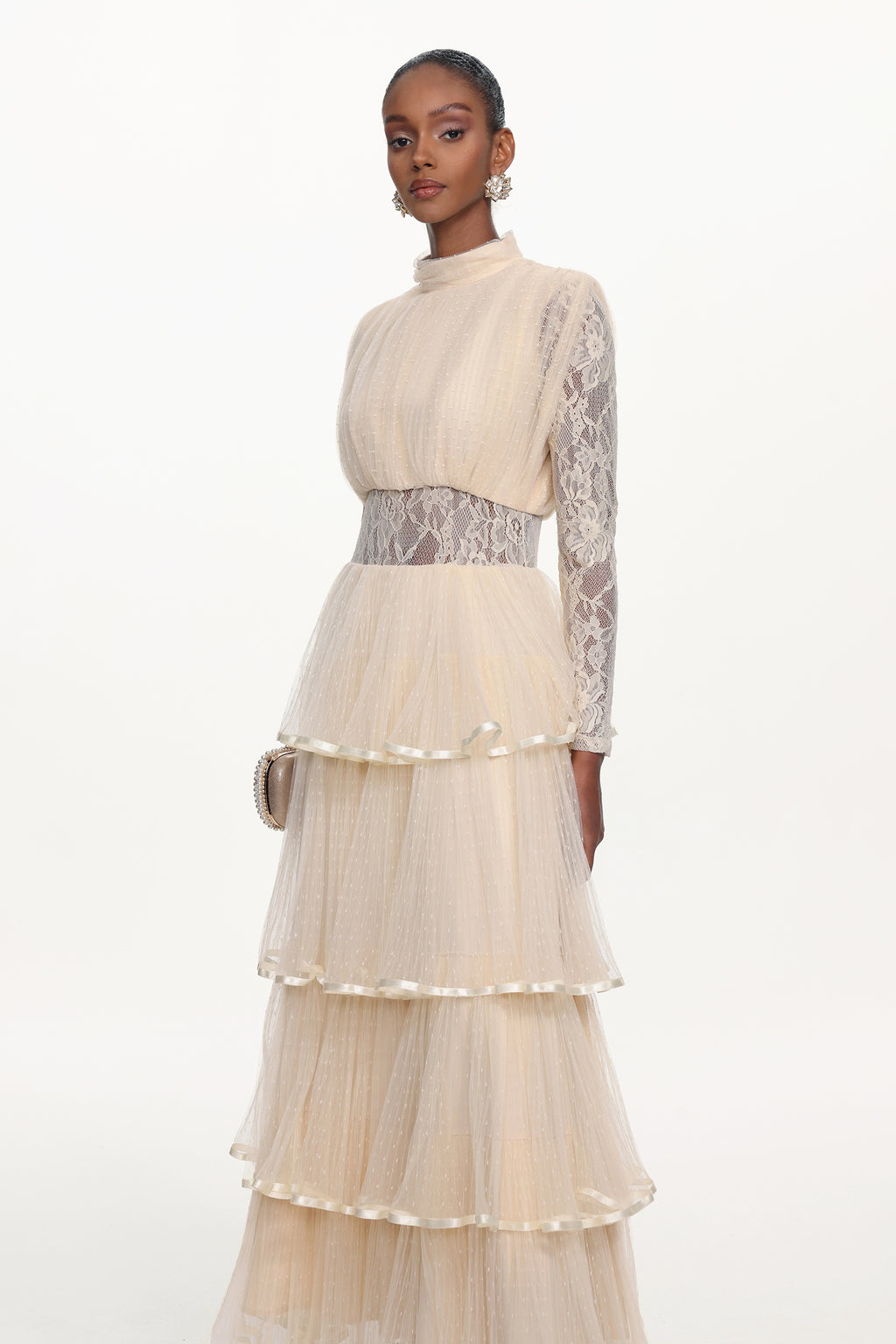 Yannei Romantic Flowy Long Sleeve Lace Tiered Tulle Maxi Dress	