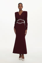 Romita Elegant Tailored V Neck Long Sleeve Pearl Maxi Dress	
