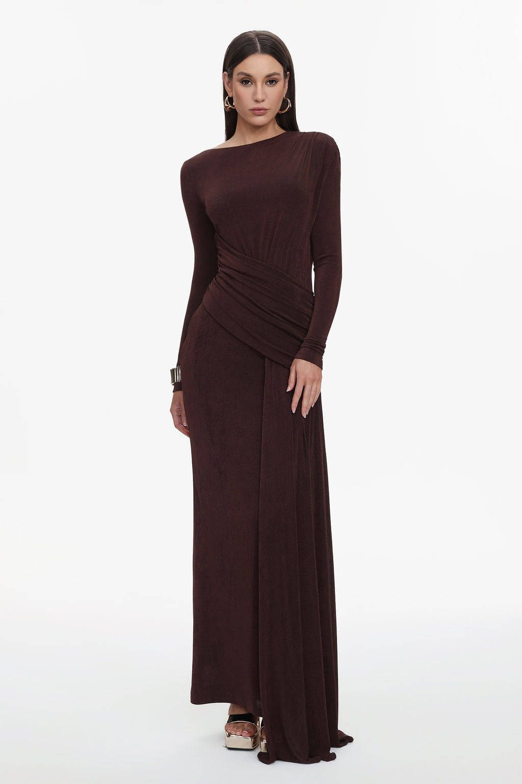 Skyler Elegant Contour Long Sleeve Ruched High Slit Knit Brown Maxi Dress	