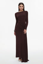 Skyler Elegant Contour Long Sleeve Ruched High Slit Knit Brown Maxi Dress	