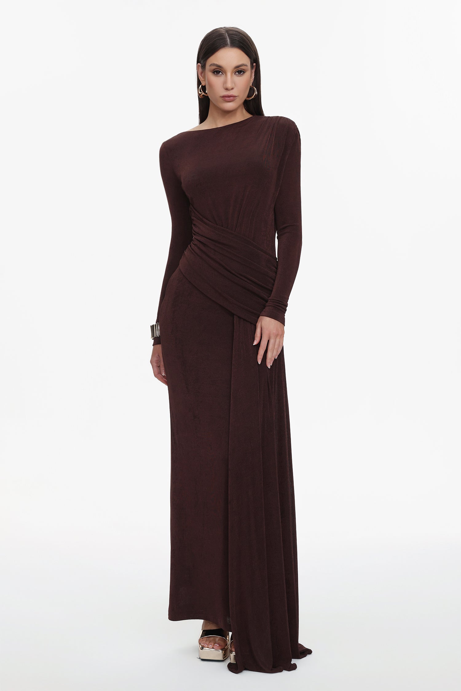 Skyler Elegant Contour Long Sleeve Ruched High Slit Knit Brown Maxi Dress	