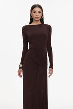 Skyler Elegant Contour Long Sleeve Ruched High Slit Knit Brown Maxi Dress	