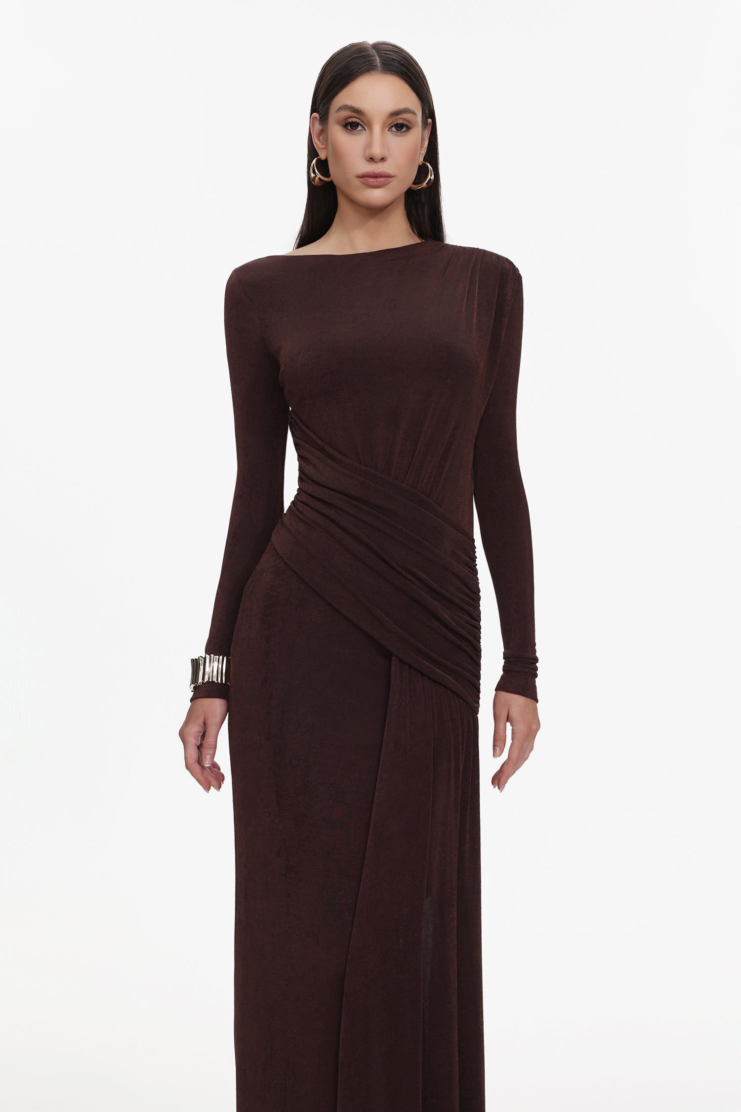 Skyler Elegant Contour Long Sleeve Ruched High Slit Knit Brown Maxi Dress	