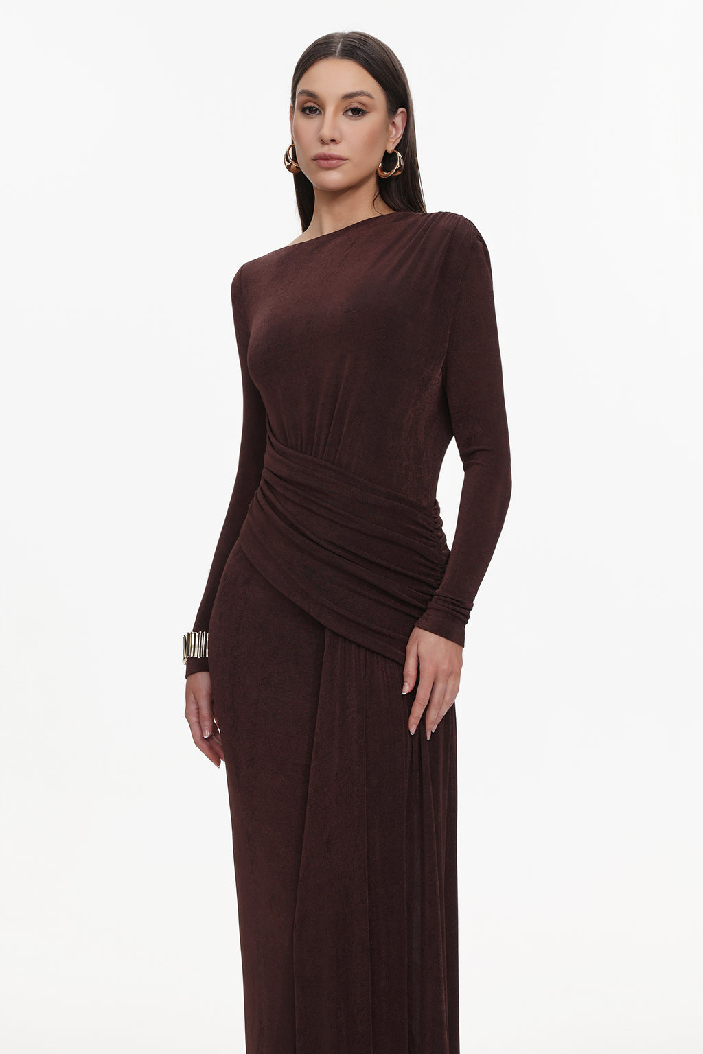 Skyler Elegant Contour Long Sleeve Ruched High Slit Knit Brown Maxi Dress	