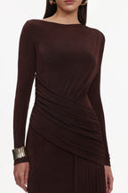 Skyler Elegant Contour Long Sleeve Ruched High Slit Knit Brown Maxi Dress	