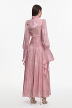 Viky Resort Waist-Defining Long Sleeve Ruched Woven Dark Pink Maxi Dress	