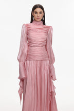 Viky Resort Waist-Defining Long Sleeve Ruched Woven Dark Pink Maxi Dress	