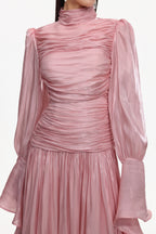 Viky Resort Waist-Defining Long Sleeve Ruched Woven Dark Pink Maxi Dress	