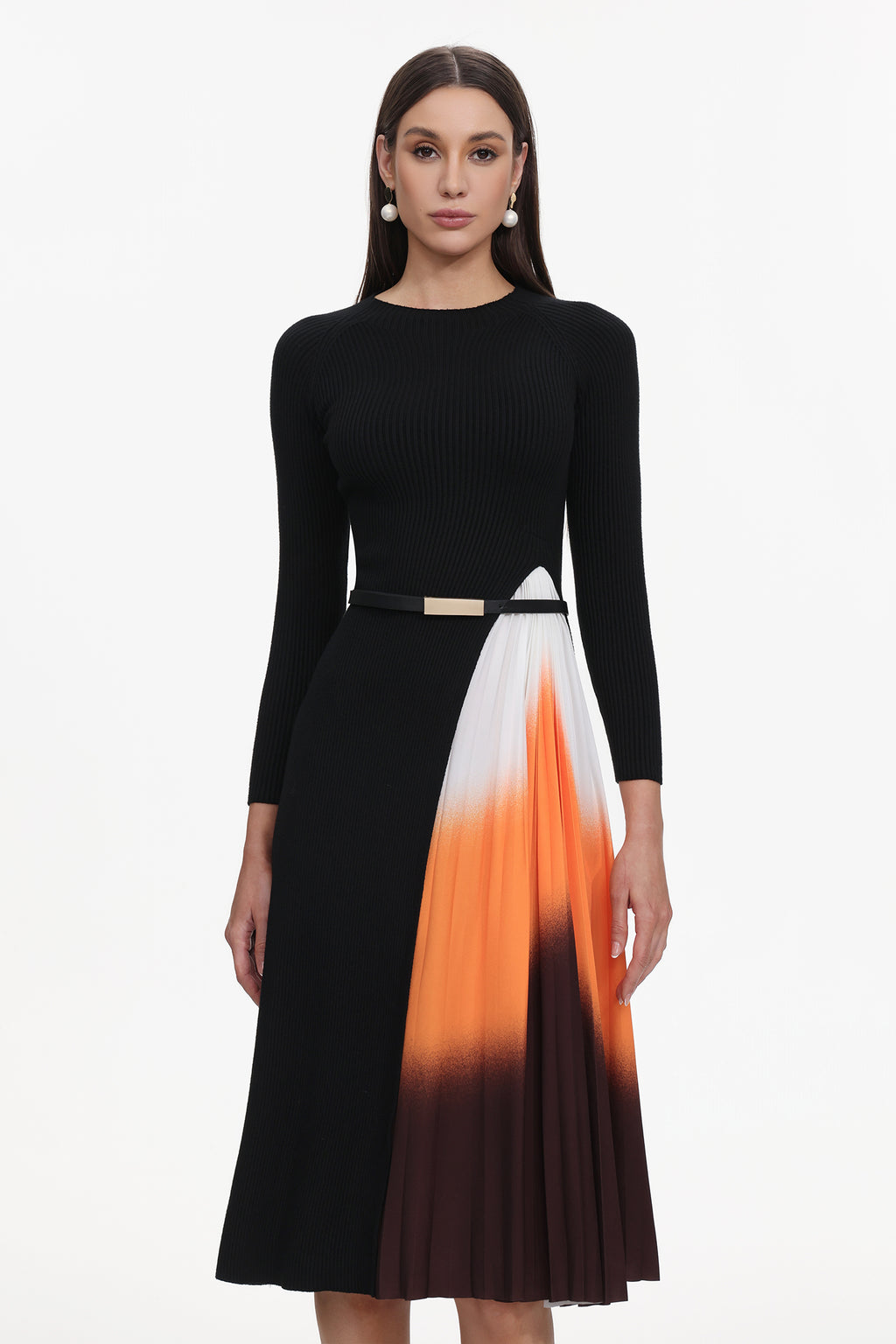 Reese Gradient Patchwork Pleated Midi Dress	