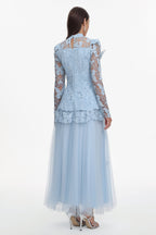 Sabina Long Sleeve Folds Lace Butterfly Top And Skirt Two-Piece Set