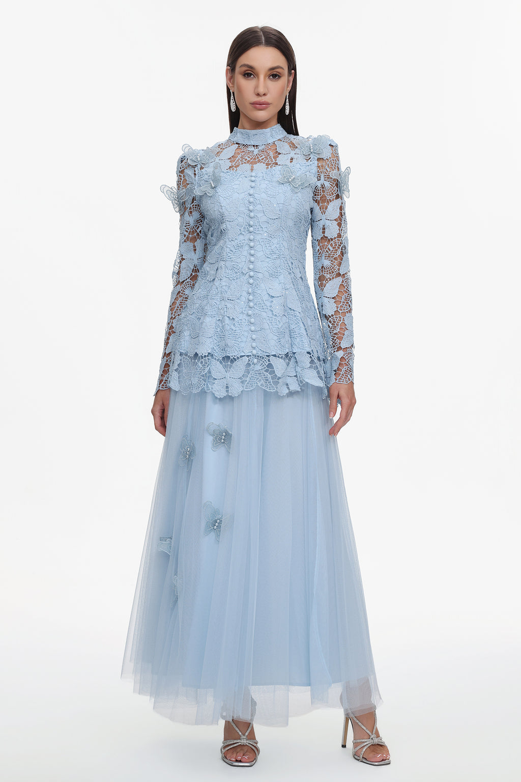 Sabina Long Sleeve Folds Lace Butterfly Top And Skirt Two-Piece Set