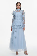 Sabina Long Sleeve Folds Lace Butterfly Top And Skirt Two-Piece Set