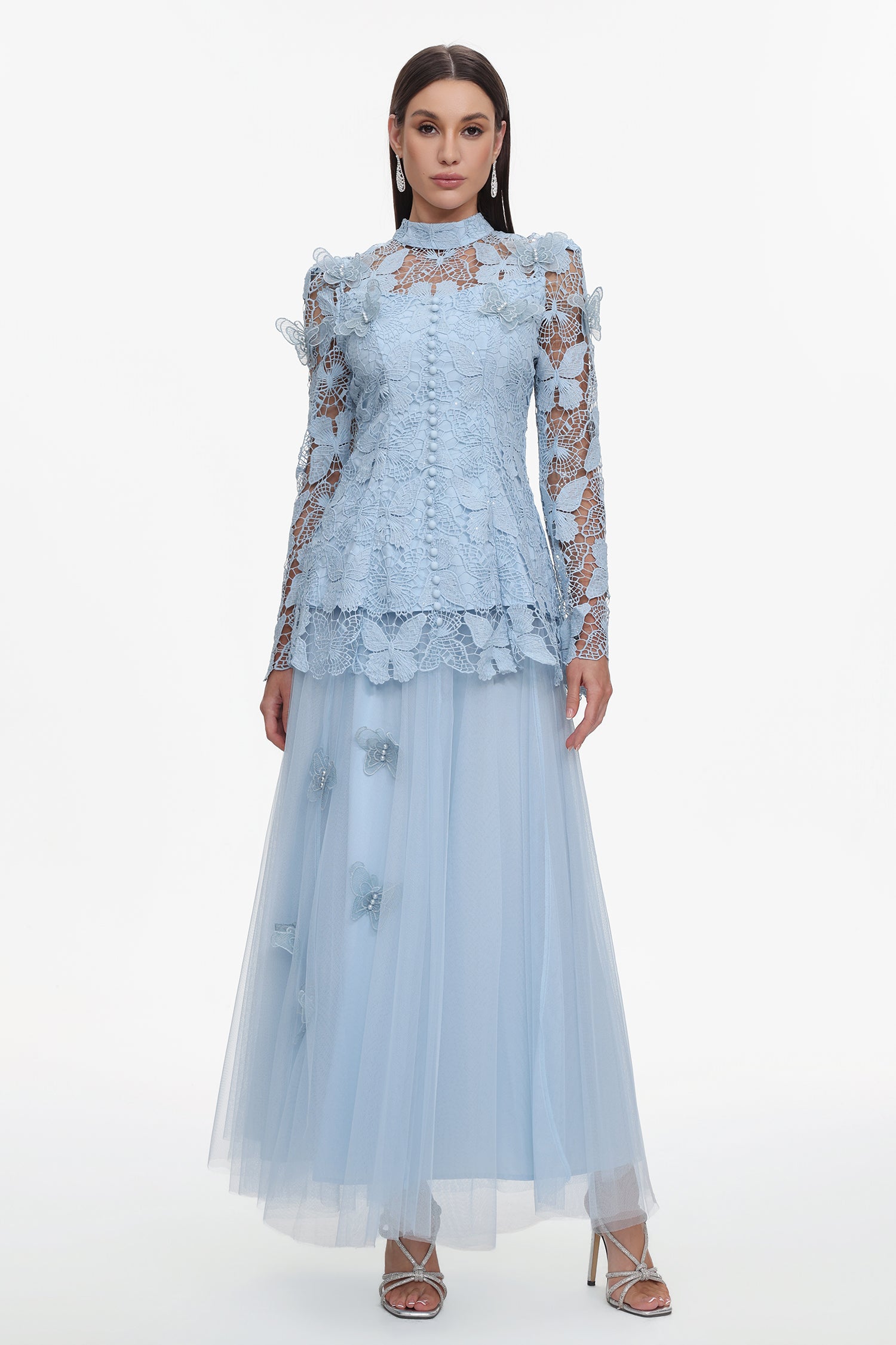 Sabina Long Sleeve Folds Lace Butterfly Top And Skirt Two-Piece Set