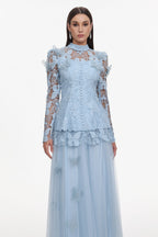 Sabina Long Sleeve Folds Lace Butterfly Top And Skirt Two-Piece Set