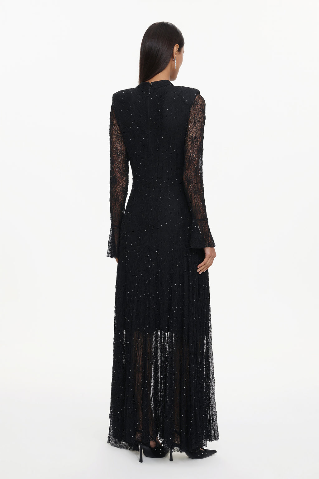 Hunter Elegant Contour Long Sleeve Crystal Lace Black Maxi Dress	