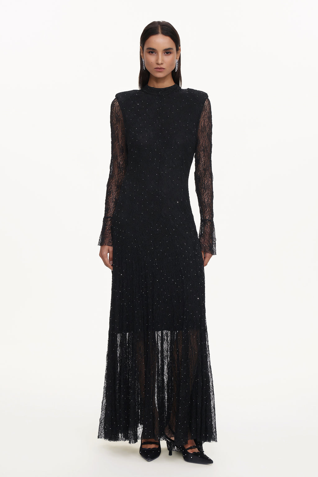 Hunter Elegant Contour Long Sleeve Crystal Lace Black Maxi Dress	