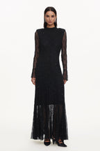 Hunter Elegant Contour Long Sleeve Crystal Lace Black Maxi Dress	