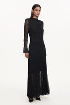 Hunter Elegant Contour Long Sleeve Crystal Lace Black Maxi Dress	