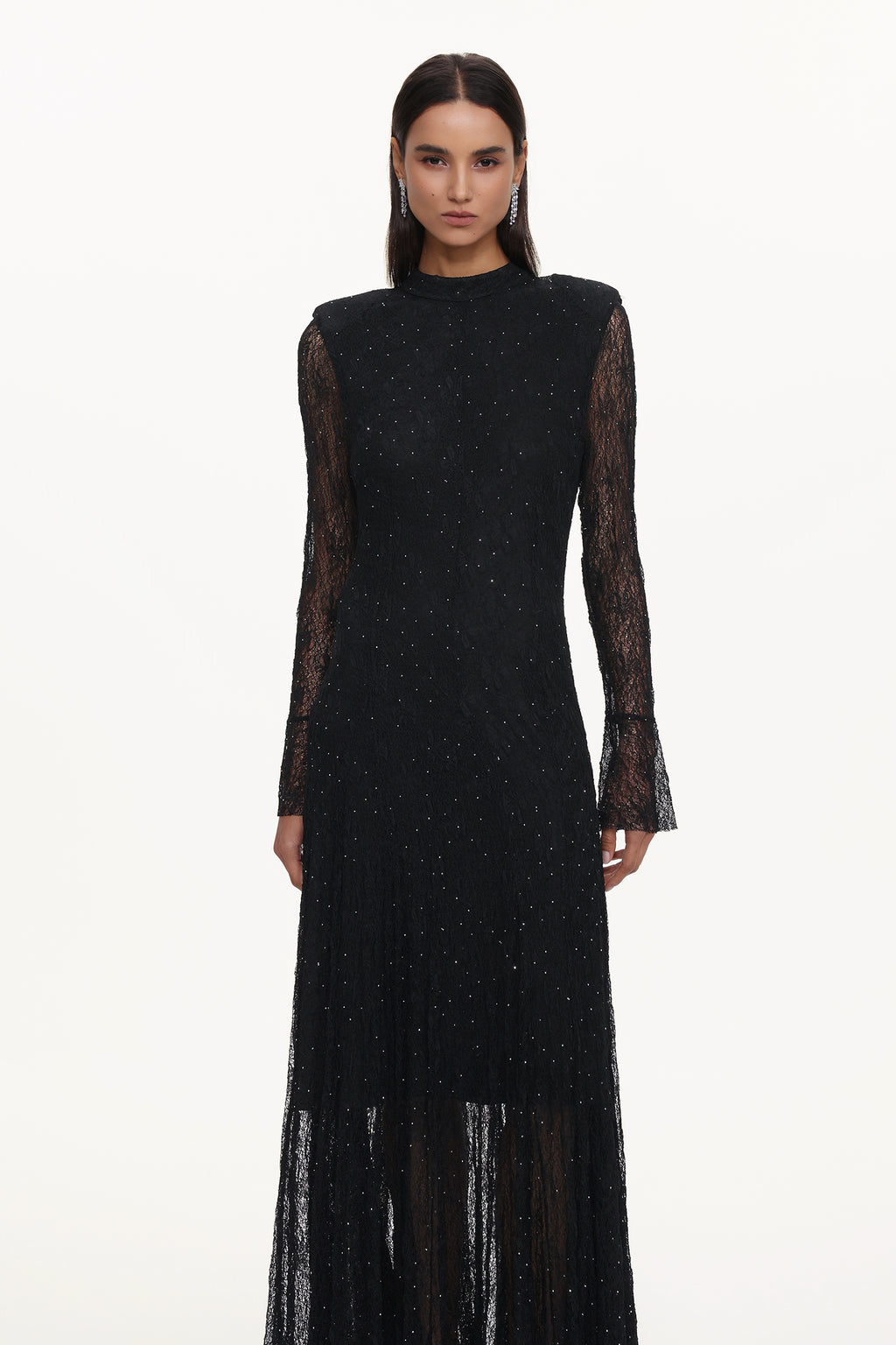 Hunter Elegant Contour Long Sleeve Crystal Lace Black Maxi Dress	