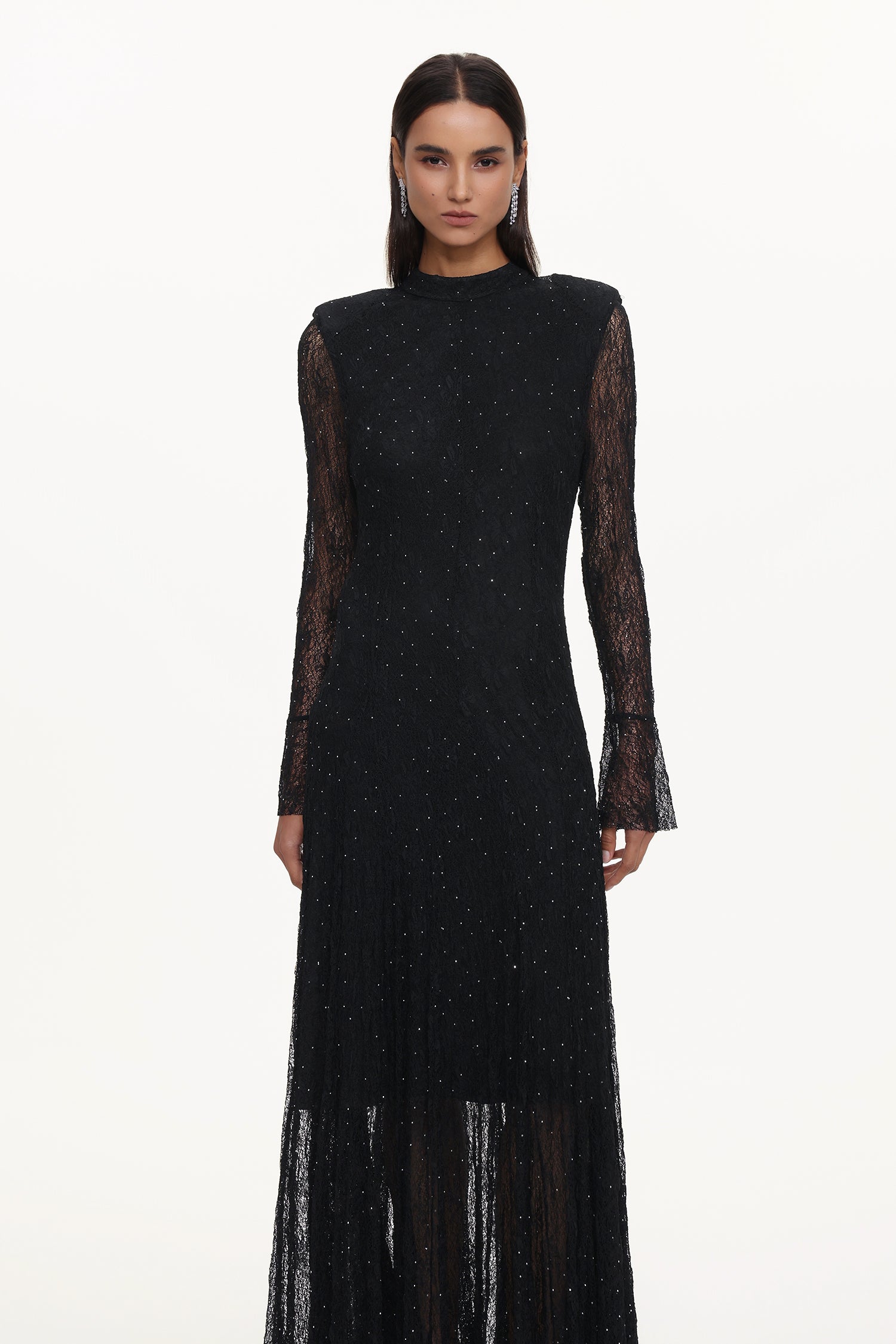 Hunter Elegant Contour Long Sleeve Crystal Lace Black Maxi Dress	