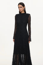 Hunter Elegant Contour Long Sleeve Crystal Lace Black Maxi Dress	